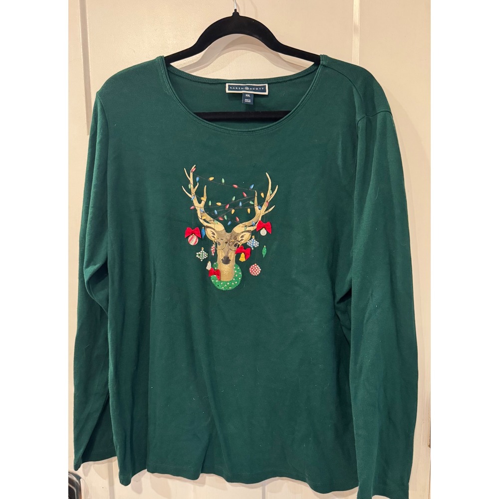 Karen Scott Womens XXL Green Reindeer Christmas Graphic Long Sleeve Top Tee